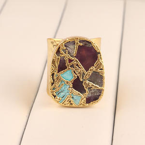 Bijoux faits à la main bague mojave cuivre turquoise en laiton plaqué or texture martelée large bande réglable pour unisexe - Product Image 1