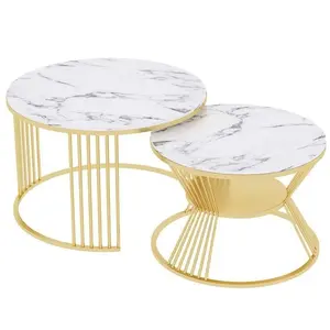 Nouvel arrivage de tables imbriquées design design chaud métal plaqué or côté avec dessus en marbre table basse meubles de salon