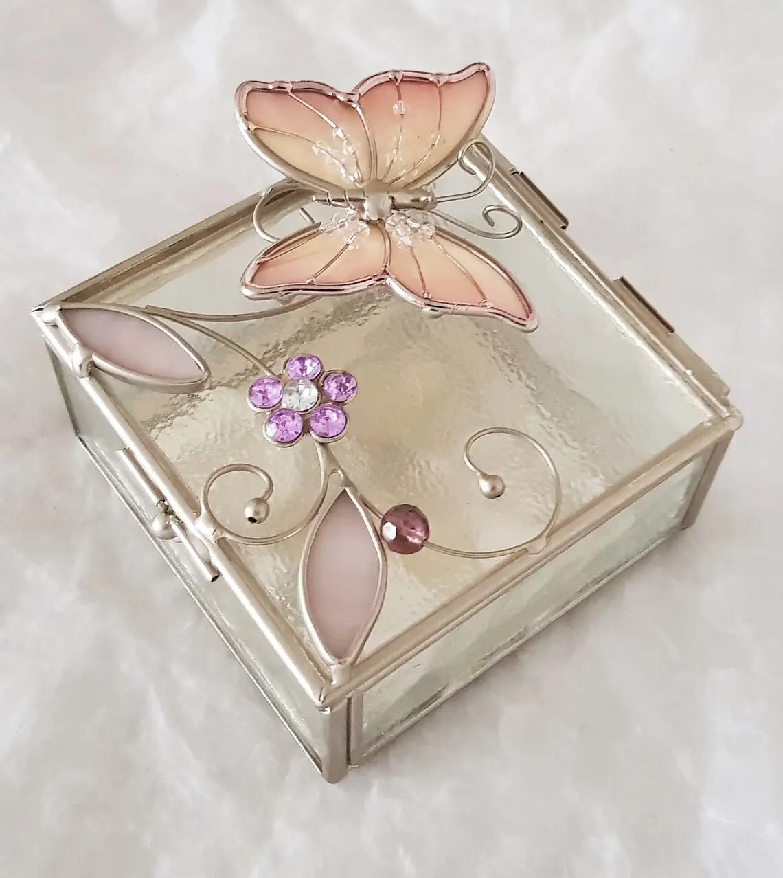 Caja de joyería de vidrio cuadrado grande, diseño de mariposa de perla Madre en rosa y púrpura con edging-10cm de metal plateado