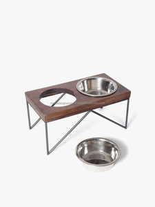 อุปกรณ์ให้อาหารสุนัขสแตนเลสสองชั้นยกระดับ,พร้อมก้านโลหะและแผ่นไม้สีน้ำตาลสำหรับสุนัขและแมว - Product Image 4