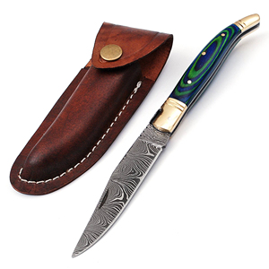 Couteau de poche pliant fait main de damas avec étui en cuir (smk1271), couteau multifonctionnel en acier, couteaux Sm de couleur bois - Product Image 1