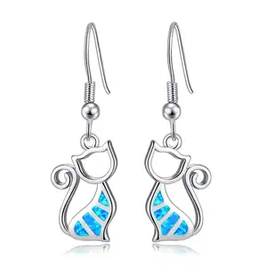Fashion Dangle Drop Ear Rings 925 Sterling Silver Cat Opal Hook Earrings for Women