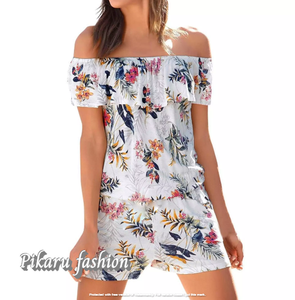 Verano Chic bohemio Floral mono mujer sostenible lavable fuera del hombro corto Casual Wear vestido Lino algodón mezcla sol - Product Image 3