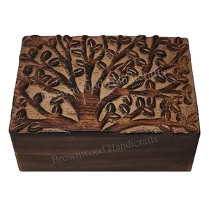 New Arrival Luxury Life of Tree Carved Design Handmade Mango Wooden Carved Box at Competitive Price For Decoration & Storage Use