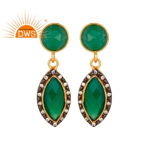 Pendientes de plata de ley 18k con gema de ónix para mujer, aretes, zirconia, circonita, ónix verde, chapado en oro - Product Image 1