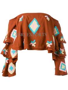 High Quality Fashion Women Cute Ruffle Details Embroidered Women Tops High End Fashion <b>Bell</b> <b>Sleeve</b> Off Shoulder Classic Blouse - Product Image 4