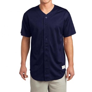 Men's Navy Blue Baseball Jersey Short Sleeve V-Neck Button Front Moisture Wicking Polyester Regular Fit Solid Color Apparel - Product Image 1