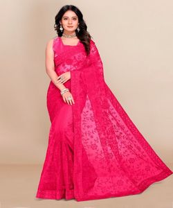 Lo último en ropa de fiesta moderna, seda de red bordada con tejido Sari de trabajo con blusa sin costuras para mujer y color vino al mejor precio alfanumero - Product Image 5