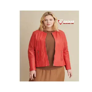 时尚拉链袖口-女式无领红皮棉透气时尚休闲夹克，带腰袋