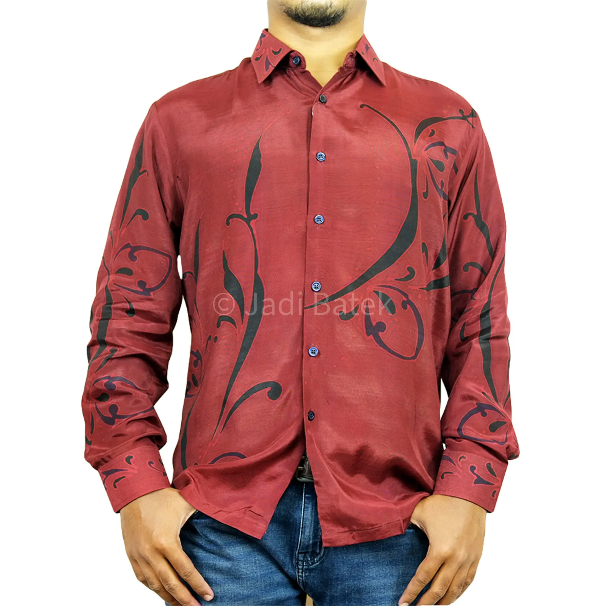 लाल मलेशियाई हाथ खींचा के batik कपास लंबी बांह पुरुषों शर्ट