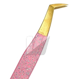 Pince à épiler d'extension de cils en acier inoxydable japonais à revêtement pailleté rose de type L avec logo personnalisé et pointe dorée - Product Image 6