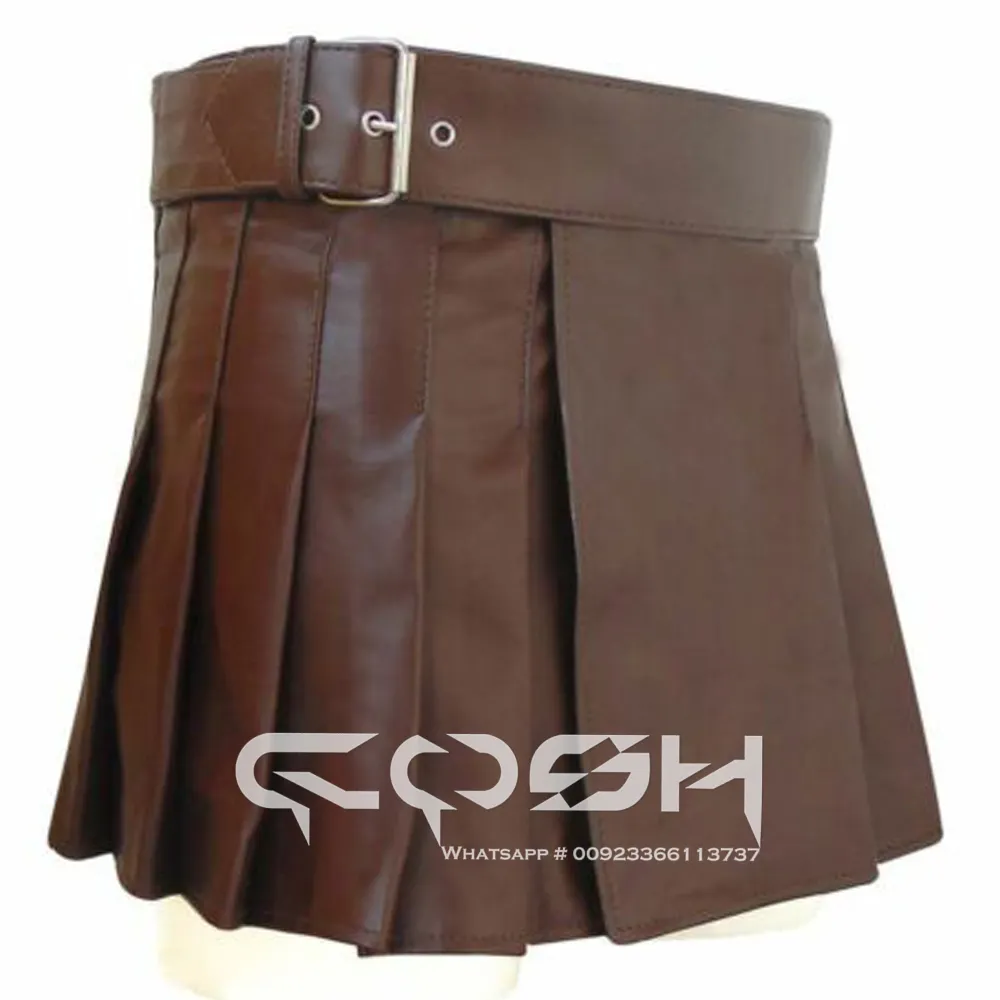 Kilt utilitas kulit coklat Premium untuk pria dengan tali dapat diatur desain modis dan banyak kantong