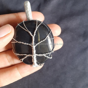 Wholesale Handmade Natural Black Tourmaline Semi-Precious Gemstone Pendant Tree Life <b>Flower</b> Style <b>Wire</b> Wrap Reiki Healing - Product Image 1