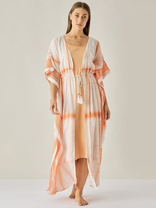 La última colección caliente Tie Dye Kaftan Gypsy Chic Tela de rayón Cuello en V Mangas cortas Ajuste suelto Hasta el suelo Cómodo Kaftan - Product Image 3
