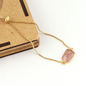 Bijoux en pierre naturelle Quartz cerise plat lisse avec fermoir coulissant en zircon Bracelet plaqué or 18 carats Bracelet de déclaration en chaîne - Product Image 5