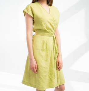 <b>Summer</b> 2026 New O-Neck Black Solid Short <b>Sleeve</b> Formal Women's Linen A-Line Silhouette Natural Waist Beading Woven Button <b>Dress</b> - Product Image 3