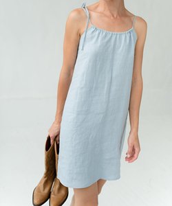 Robe Courte en Lin Bleu Clair à Bretelles Fines, Sans Manches, Col Carré, Formelle, d'Été, pour Célébrations et Vacances, Respirante, Tissée, Unie - Product Image 2
