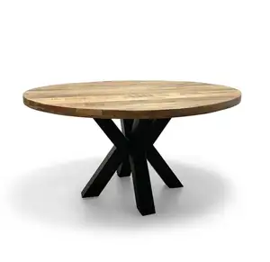 Mesa de jantar de madeira, industrial, mais popular, venda quente, ferro e perna cruzada de madeira, acabamento