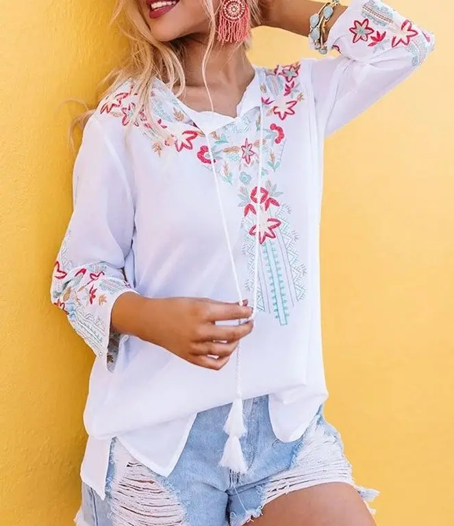 2024 blusa de praia bordada mexicana de manga comprida para mulheres, blusa casual de praia para mulheres