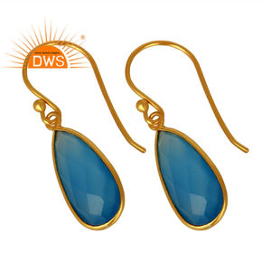 Boucles d'oreilles pendantes en argent sterling 925 plaqué or, calcédoine bleue, collection classique - Product Image 2