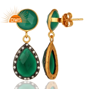 Pendientes de Ónice Verde Natural al por Mayor, Pendientes Colgantes con Engaste de Plata Chapada en Oro de 14k, Joyería de Colección Clásica - Product Image 3