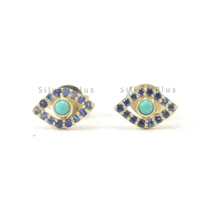 Solid 14 18k Yellow Gold Turquoise Blue Sapphire Gemstone Eye Stud Earrings Handmade Jewelry Bulk Order Manufacturer