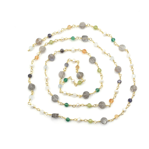 สร้อยประคำหินหลายชนิด หยกเขียว เพอริดอท มุก ลาบราโดไรต์ ขนาด 3-5 มม. รูปทรงรอนเดลล์ หุ้มทองเหลือง 18K ชุบทอง พร้อมสายทองหุ้มลวด - Product Image 4