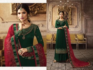 Rangoli ซาตินสีแดงกับงานปักของ Kurti กับ Plazzo,ผีเสื้อหนักสุทธิกับ Duppata หนักเต็มรูปแบบ - Product Image 3