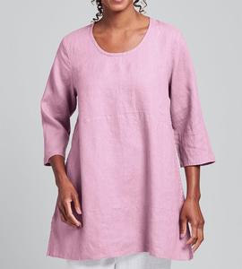Robe Tunique Courte en Lin Col Rond Manches Longues Couleur Unie Coupe Ample Ourlet Asymétrique Respirante Broderie Formelle - Product Image 2