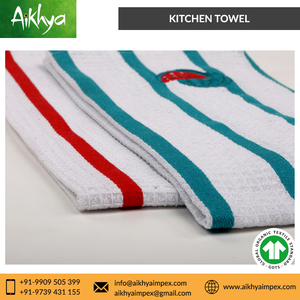 Serviettes de cuisine tissées gaufrées en coton biologique 100% Serviettes de cuisine durables non pelucheuses Salsa Stripes Pattern GOTS Certified All-Season Towels - Product Image 3