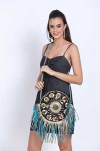 Sac à bandoulière vintage exclusif pour femmes en cuir de vachette noir et broderie de perles - Product Image 3
