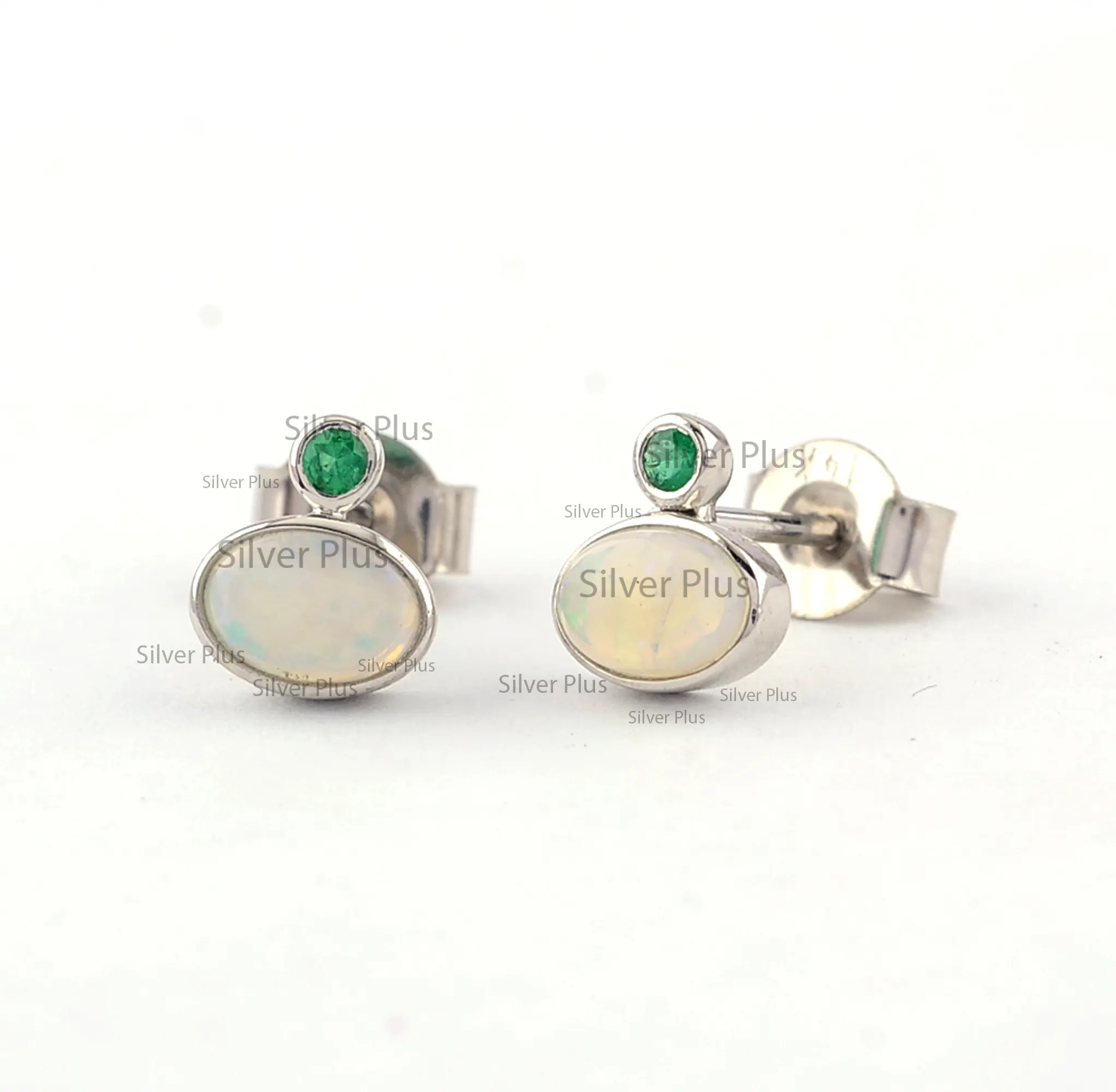 Natural White Fire Opal And Emerald Gemstone Studs Solid 14K White Gold Minimalist Earrings From India
