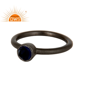 Pierre précieuse en saphir bleu corindon, anneau empilable, fournisseur de bijoux, argent Sterling, noir - Product Image 1