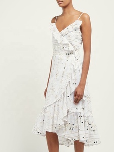 <b>White</b> Embroidered <b>Organza</b> Midi <b>Dress</b> with Dot Pattern Criss-cross Asymmetrical Wrap and Tie Sleeveless Bohemian Casual <b>Dress</b> - Product Image 2