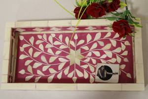 Plateau de service rectangulaire en incrustation d'os de haute qualité avec conception de feuille de résine rose pour la maison, l'hôtel ou le restaurant - Product Image 6