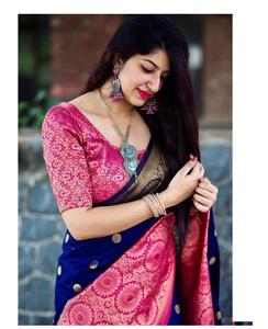 Combinaison de tissu en soie de LICHI, de couleur rose et bleu, tissu doux, riche, en palu et JACQUARD, fonctionne sur tout le SAREE avec chemisier - Product Image 1