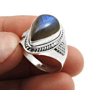 925 argent Sterling naturel forme de poire bleu Labradorite pierre précieuse oxydée à la main bague grossiste fabricant de bijoux femme - Product Image 1