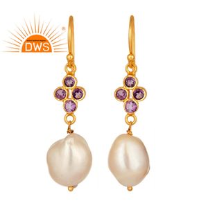 18k Plaqué Or Argent Crochet Boucles D'oreilles Bijoux Grossiste Améthyste & Perle Gemstone Boucles D'oreilles Bijoux Fournisseur - Product Image 1