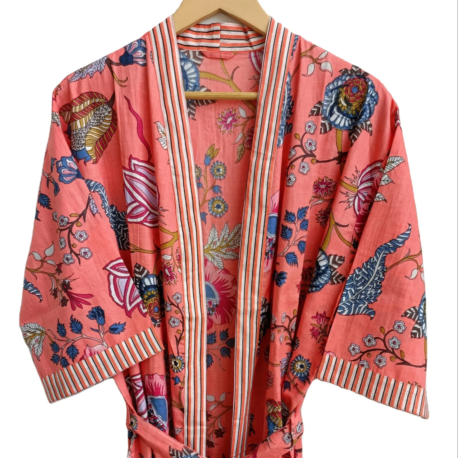 Kimono Katun 100% Warna Oranye Motif Bunga Eksklusif Jubah Mandi Kimono India Jubah Kimono Mandi Setelah Mandi