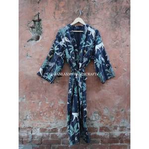 Robe Maxi noire Style Kimono Kantha, peignoir 100% coton, gros vêtement de nuit matelassé à la main, imprimé écran Jungle, vente en gros - Product Image 2