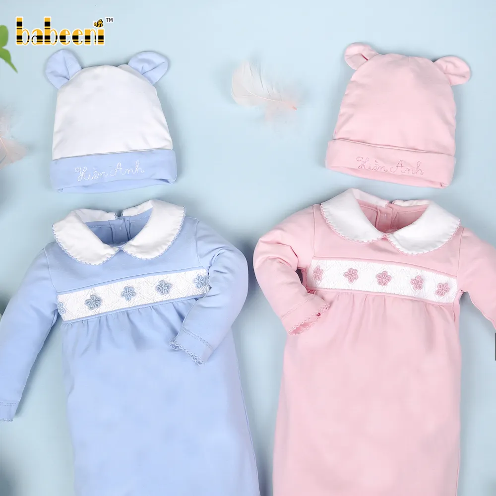 Setelan Baju Tidur Bayi Merah Muda Smock Tangan Bunga untuk Pasangan OEM ODM Set Bayi Disesuaikan Produsen Grosir-GS05