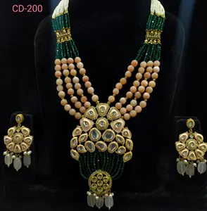 New Arrival Kundan Indian Traditional Pendant Set With Glazed Beads And Crystal Mala For Party And Wedding