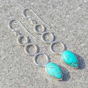 พลอยเทอร์ควอยซ์สไตล์อินเดียคลาสสิกสวยงามต่างหูทำด้วยมือเงินสเตอร์ลิงแข็งแบบ2.15 "สีน้ำเงินยาวห้อยต่องแต่ง AAA ของขวัญปาร์ตี้ - Product Image 3