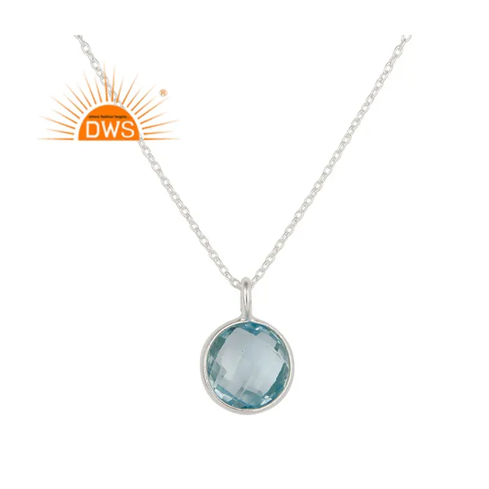 925 Fine Sterling silver natural Blue Topaz gemstone pendant necklace for women jewelry manufacturer