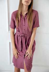 Nouvelle arrivée Robe en lin pour femme, couleur violet cerise, col rabattu, crêpe unie, manches courtes, longueur genou - Product Image 2