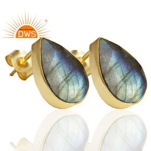 Vintage Collection 925 Silver Pear Shape Studs <b>Gold</b> Plated Jewelry Natural Labradorite Gemstone Stud <b>Earrings</b> Manufacturer - Product Image 2