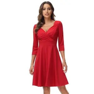 Vente en gros manches 3/4 taille définie robe trapèze femmes col en V élégante robe évasée d'automne