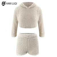 Conjunto de Invierno de 2 Piezas para Mujer, Sudadera Corta con Cierre Completo y Pantalones Cortos a Juego, Forro Polar Sherpa, Logotipo Personalizado, Tejido Transpirable Informal