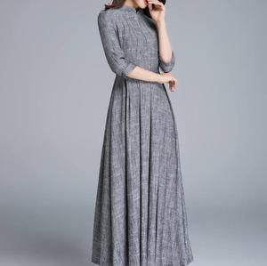 เดรสผ้าลินินของผู้หญิงแขนยาวคอกลมสีเทาอ่อนใหม่ล่าสุดแฟชั่นฤดูร้อน - Product Image 5