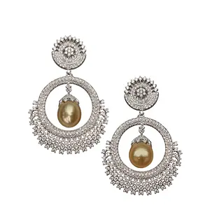 正品钻石铺面金色珍珠滴设计吊角耳环14k纯白色金色结婚耳环精品首饰制造商